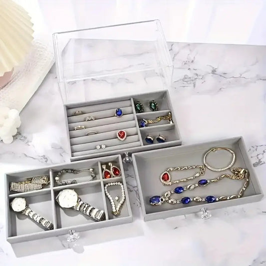 Elegant Velvet Acrylic Jewelry Box with 3 Drawers, perfect for organizing earrings, necklaces, and bracelets