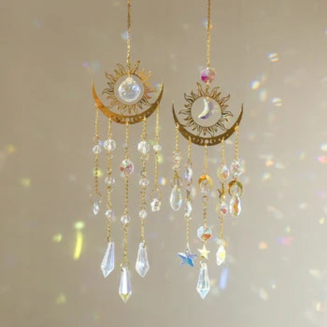 "Elegant sun and moon suncatcher made of crystal glass, perfect for home decor."
