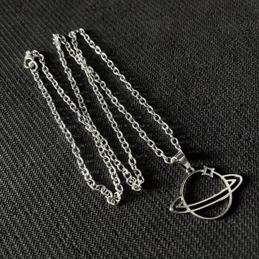 Funky Alloy Saturn Pendant Necklace with a stylish hollow planet design, perfect for cosmic-inspired fashion