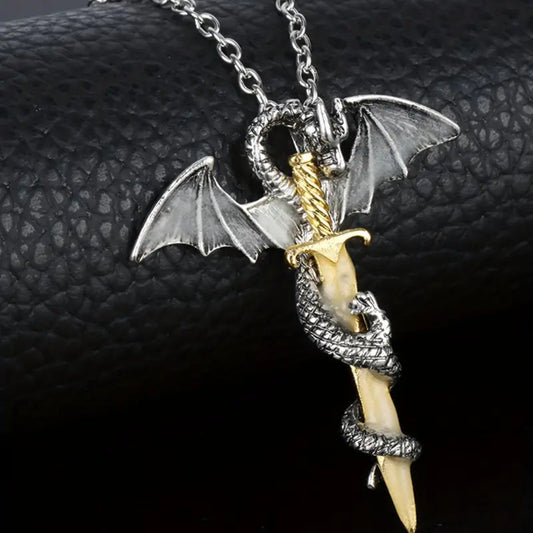 Close-up of the unique Pterosaur and Golden Sword design on a high-quality alloy necklace for edgy fashion lovers.