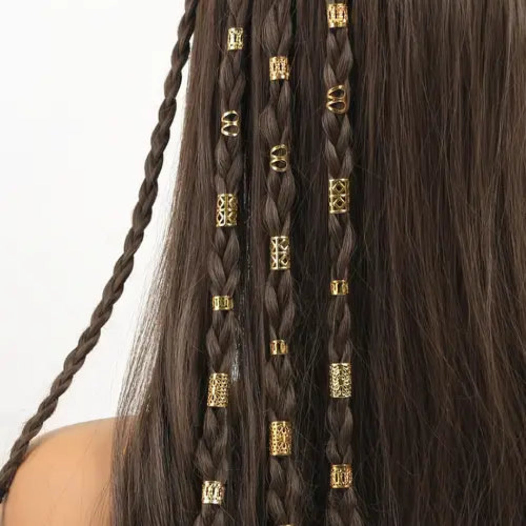 Golden hair rings and dreadlock beads for stylish braids and locs, perfect for women and girls