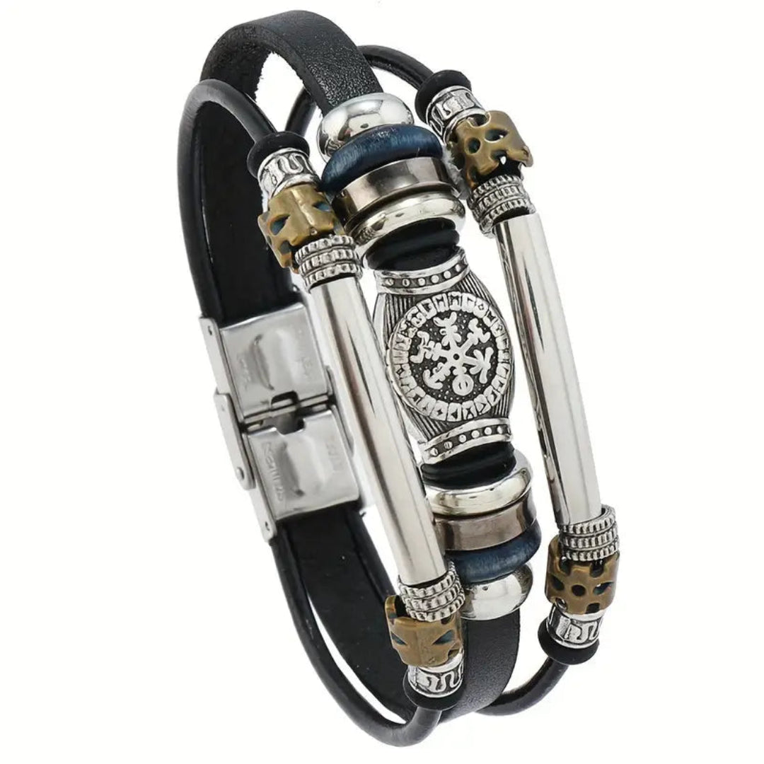 "Men's faux leather bracelet with antique silvery finish and casual clasp design"