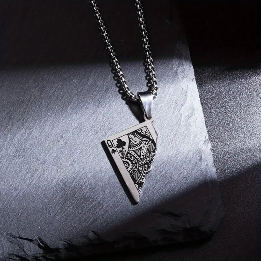 Edgy unisex poker necklace with a stainless steel King poker tag pendant, showcasing lucky black spade and heart designs for a bold statement.