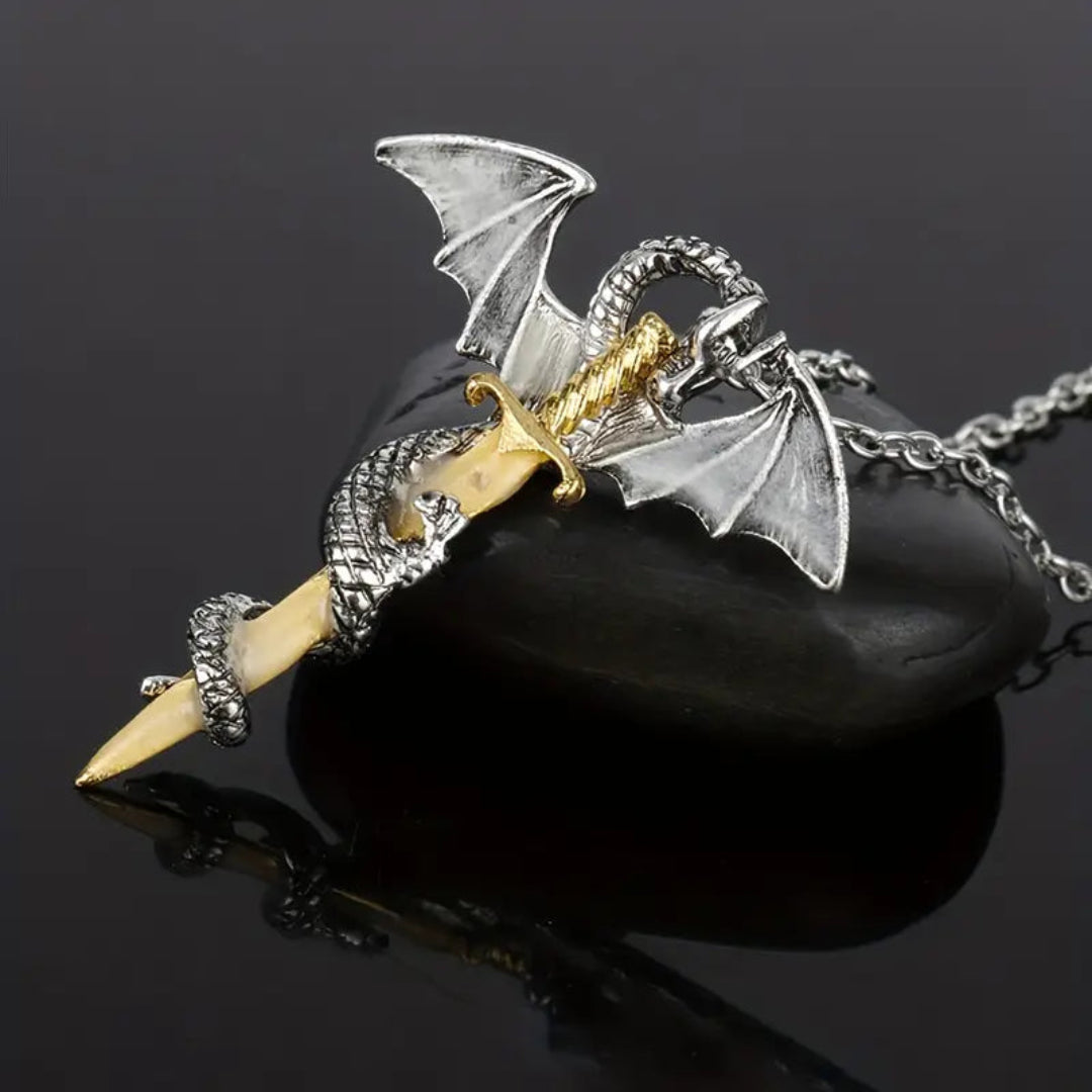 Trendy Rock Fashion Pterosaur Golden Sword Alloy Necklace, a bold unisex accessory with European and American style.