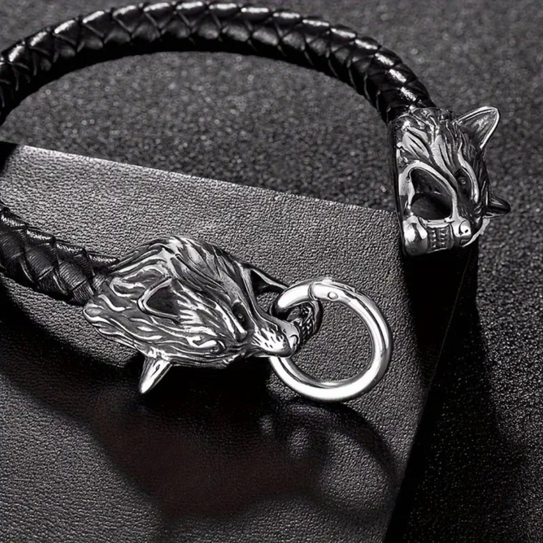 Black Leather Rope Bracelet with Stainless Steel Viking Wolf Head Charm
