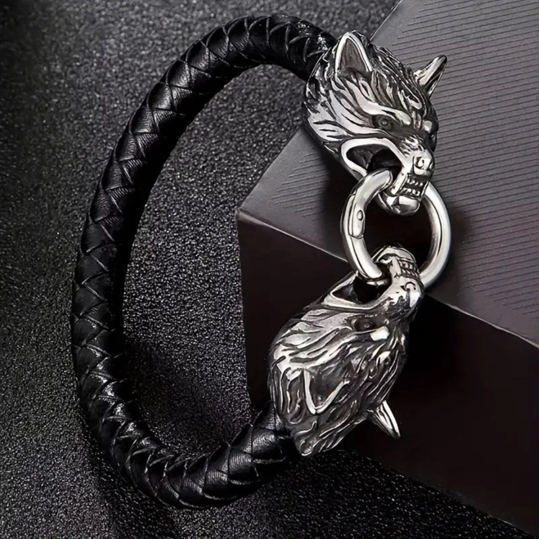 Durable Stainless Steel & Artificial Leather Viking Bracelet for Bikers & Warriors
