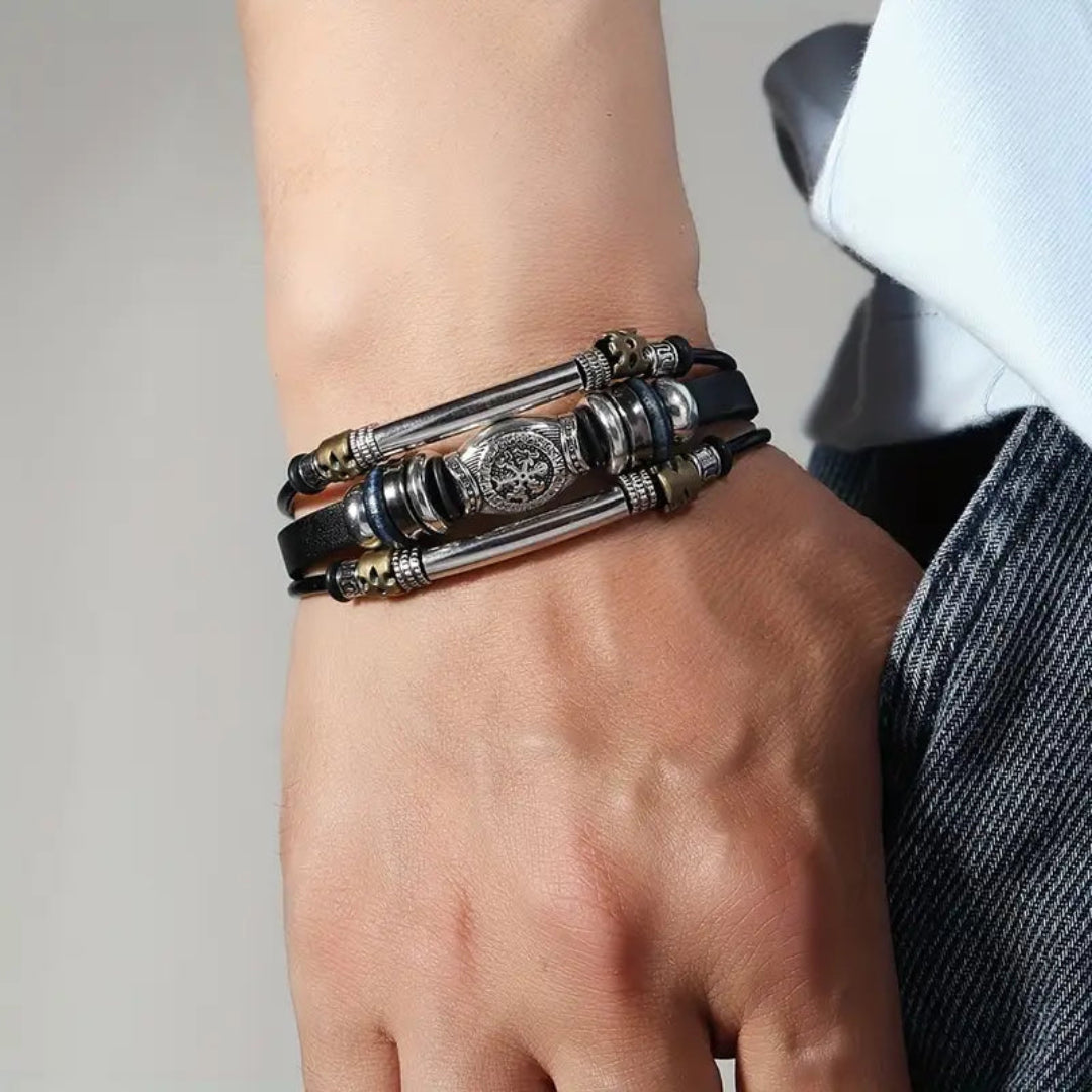 "Stylish men's bracelet featuring faux leather and antique silver details"
