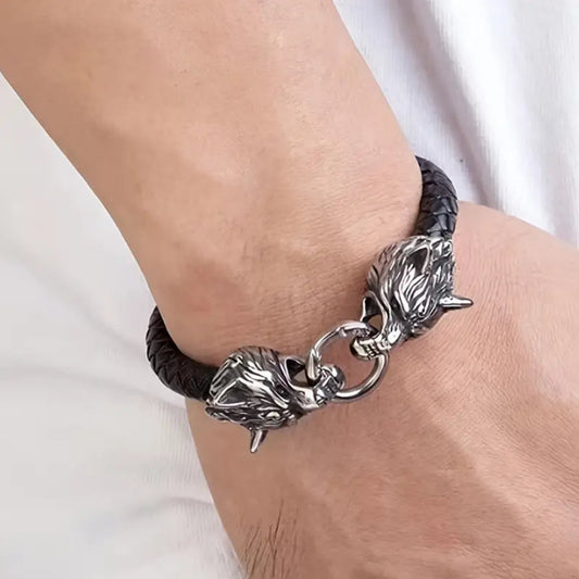 Viking Wolf Head Bracelet – Handmade Stainless Steel & Leather Rope for Men
