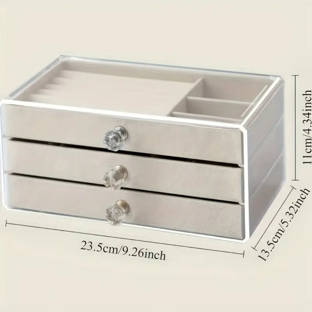 Modern acrylic jewelry organizer with 3 spacious drawers, a stylish and functional gift for women