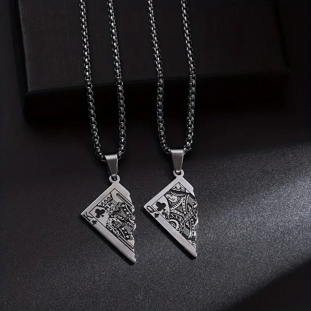 Trendy stainless steel poker necklace with a half deck of cards King pendant, black spade, and heart details, a perfect gift for bold fashion lovers.