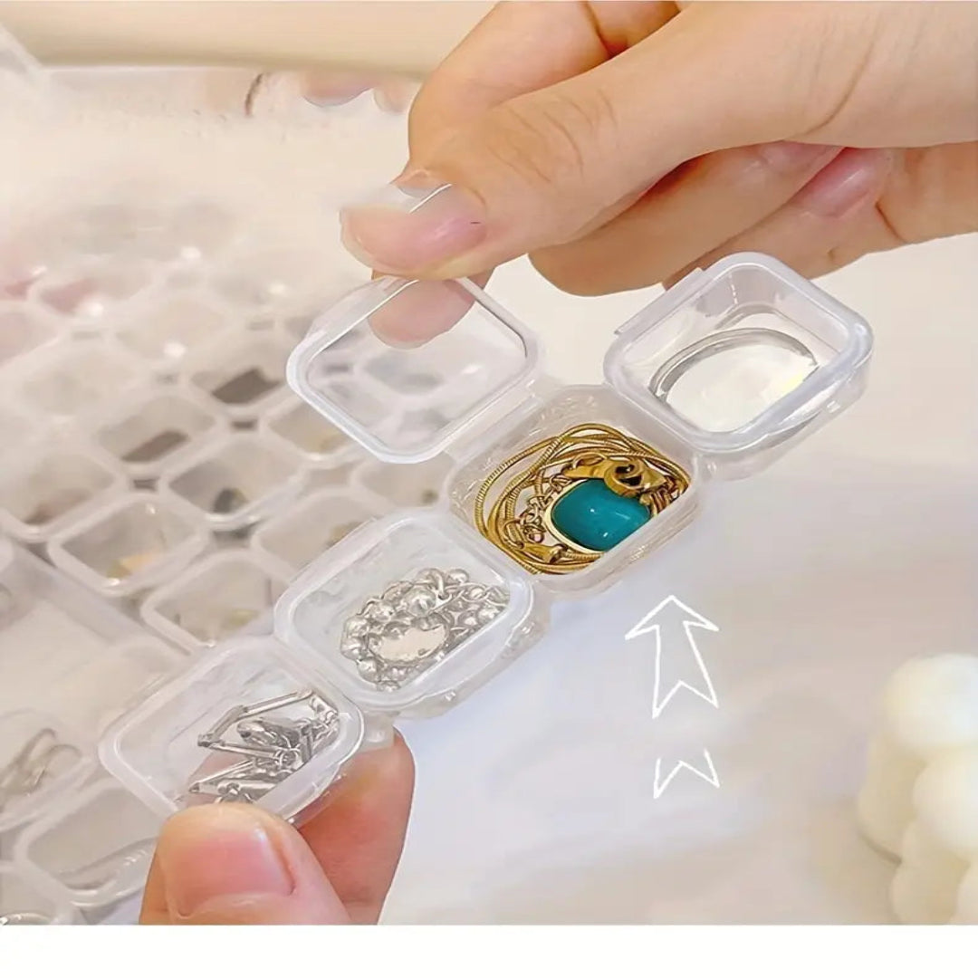 Portable earring storage case with snap closure and anti-tarnish protection for jewelry and small items.