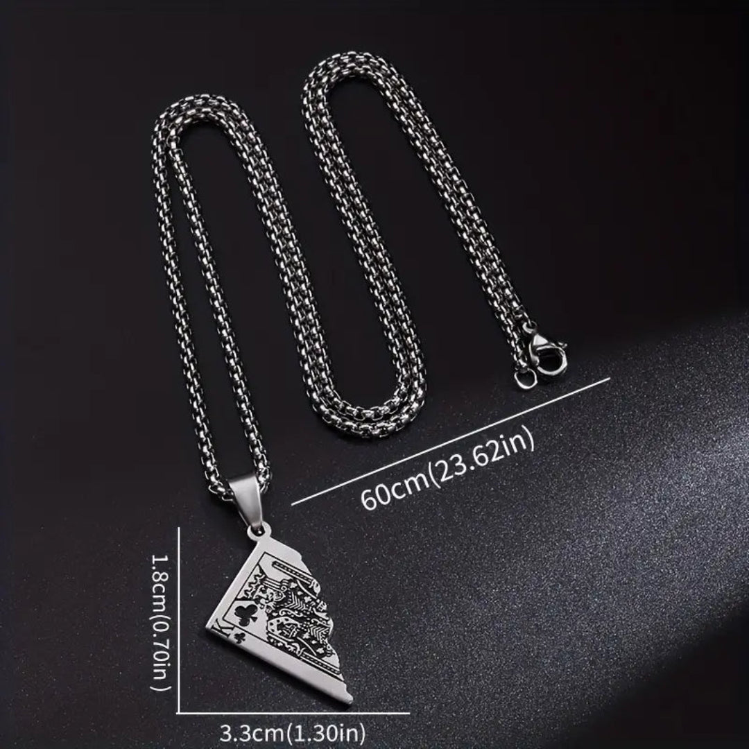 Unique half deck of cards King poker necklace in stainless steel, adorned with black spade and heart motifs, ideal for poker lovers and jewelry enthusiasts.