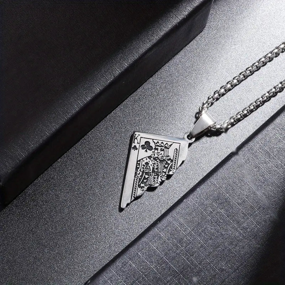 Punk-inspired stainless steel poker necklace featuring a half deck of cards King pendant with black spade and heart symbols, perfect for women and men.